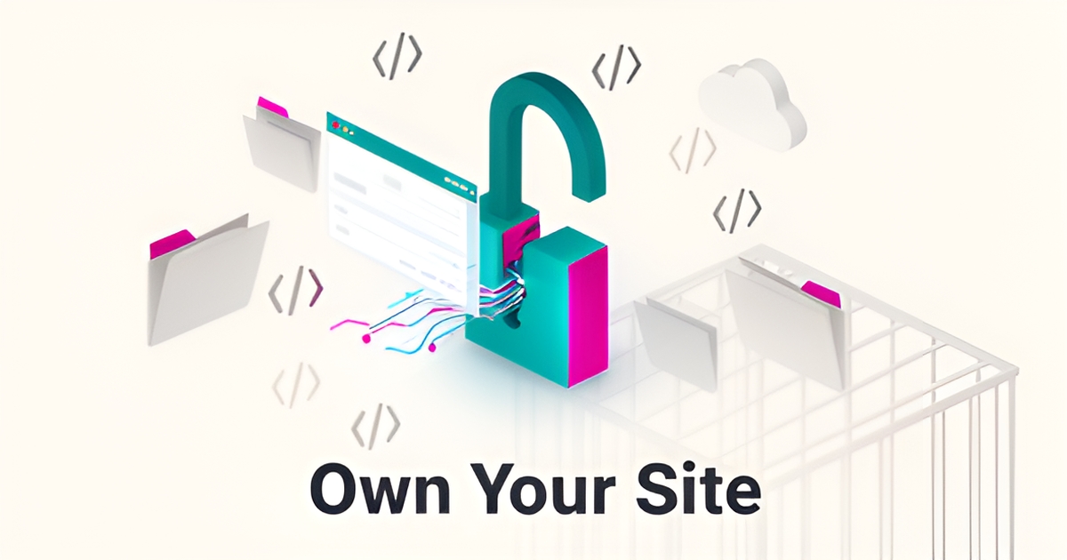 Flat illustration of an unlocked padlock releasing a website and data files from a closed platform, symbolizing true data portability and site ownership.